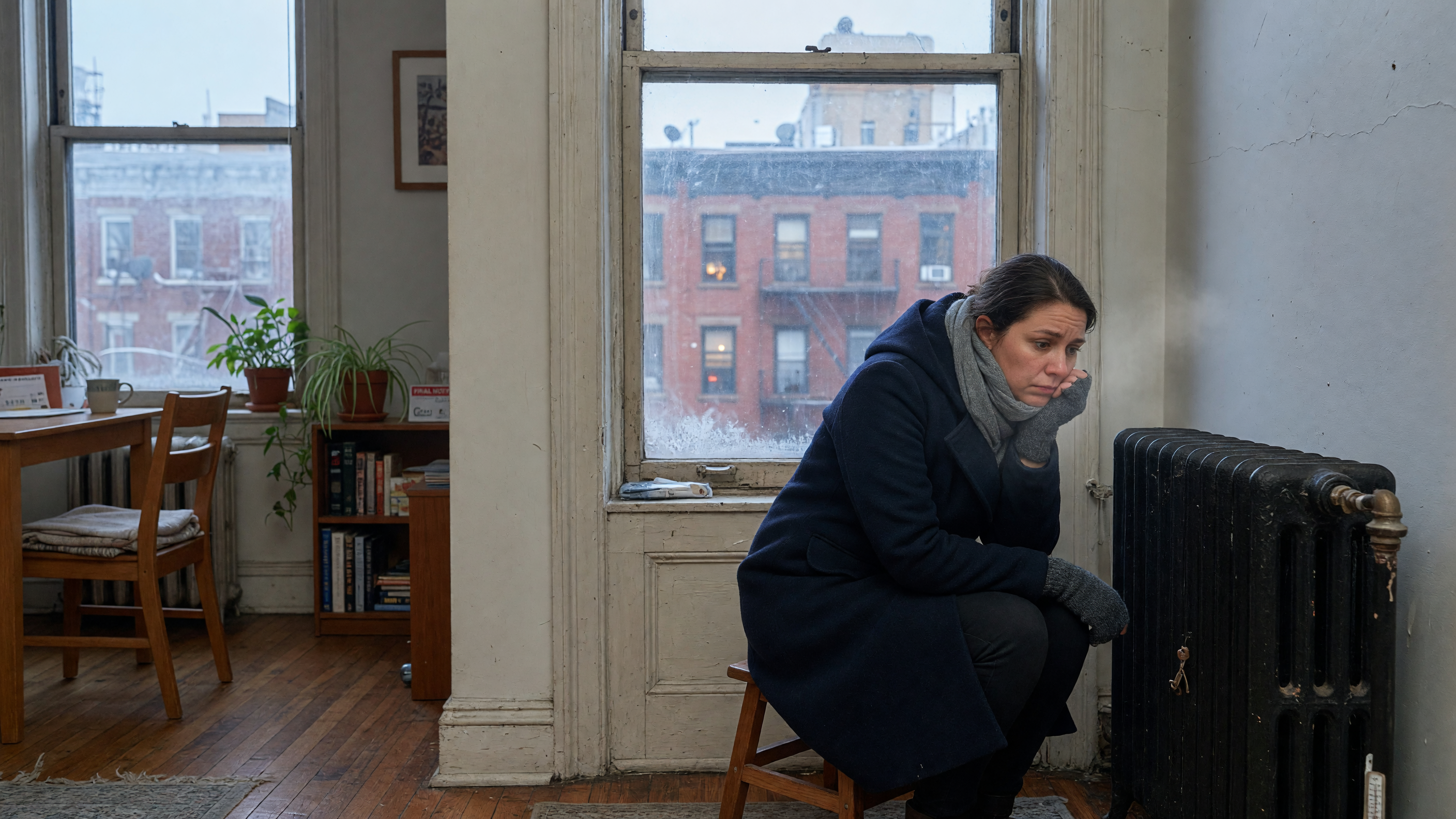 Tenant in a winter coat beside a cold radiator under a window.