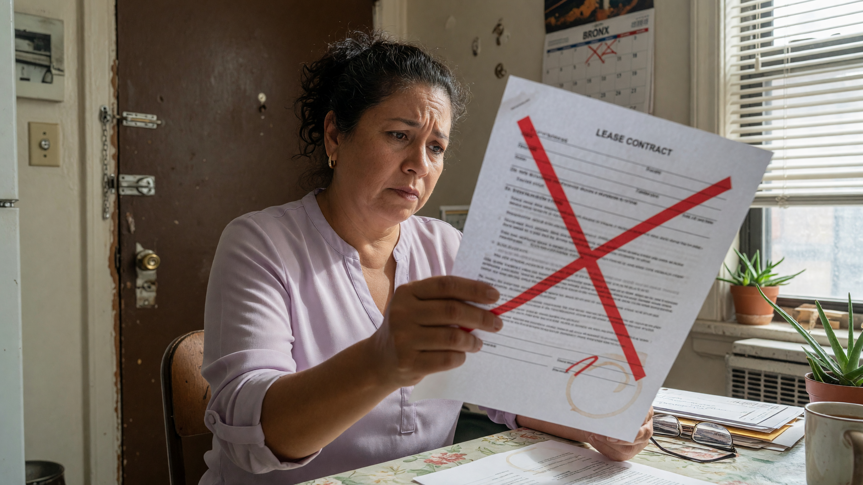A woman looks at a lease marked with a red X.