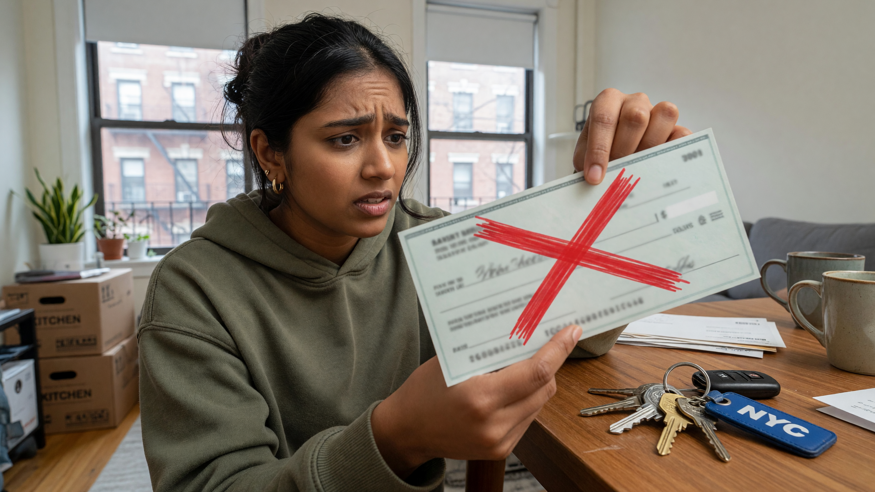A woman looks at a check marked with a red X.