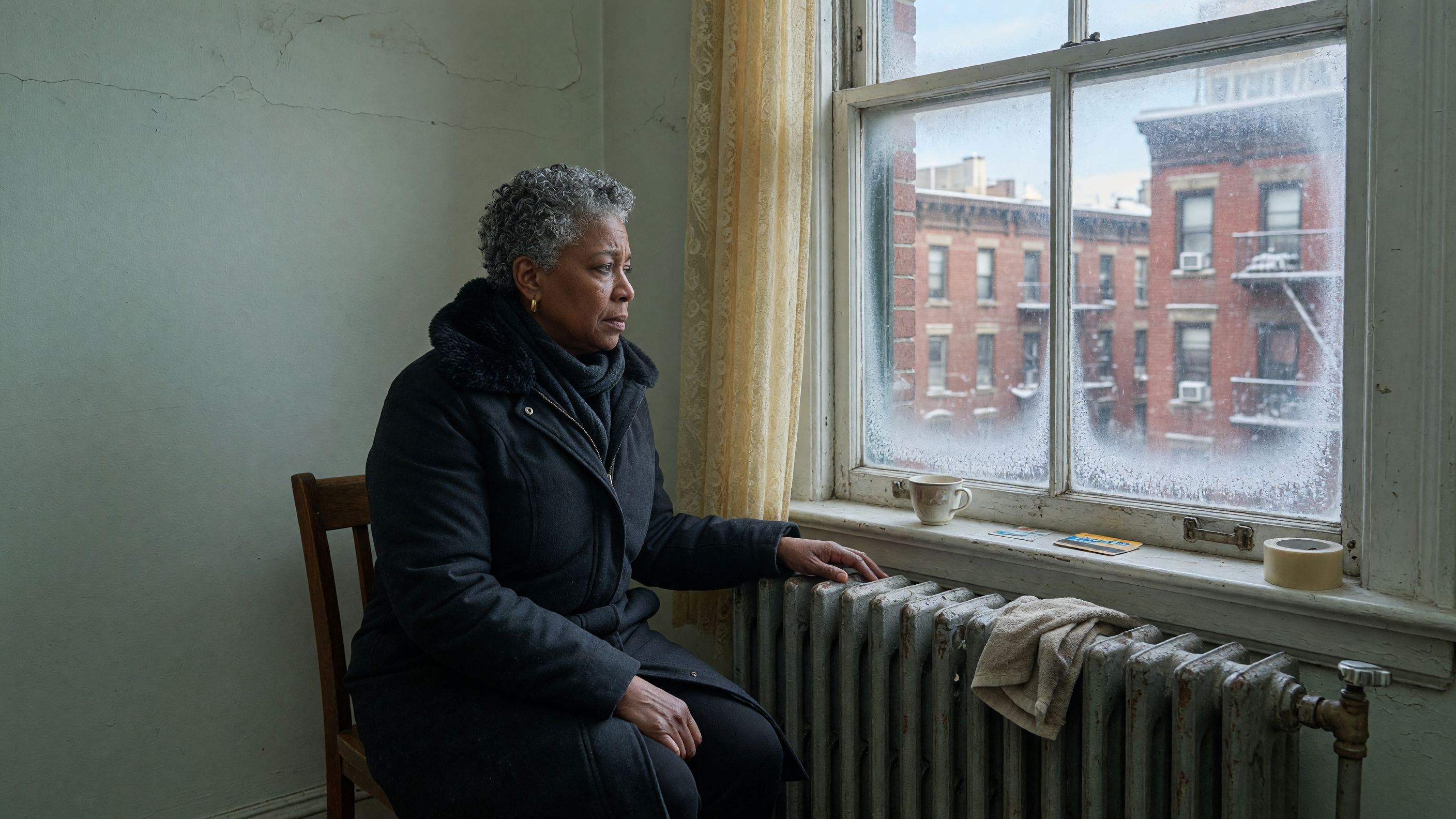 An older woman in a coat sits beside a cold radiator.
