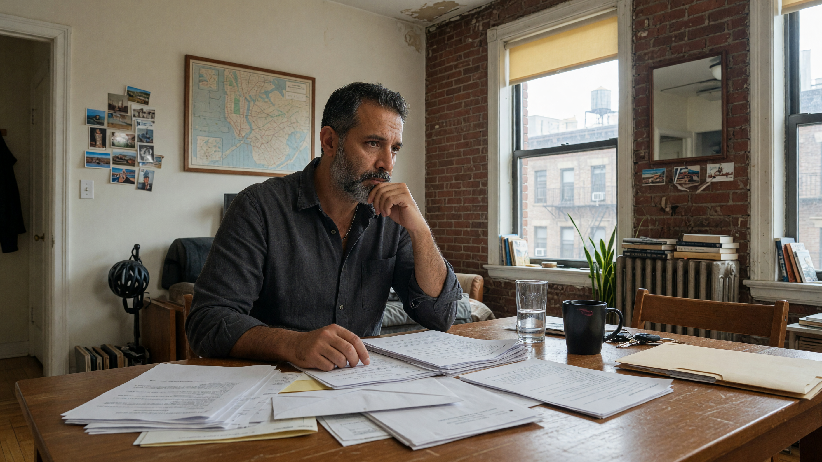 A man sits with papers face down.