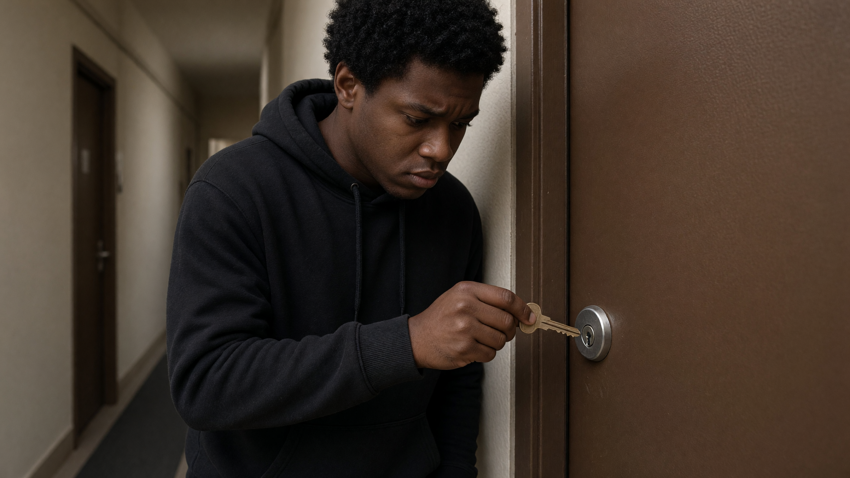 A man stands in a hallway outside a closed door and tries his key in the lock.