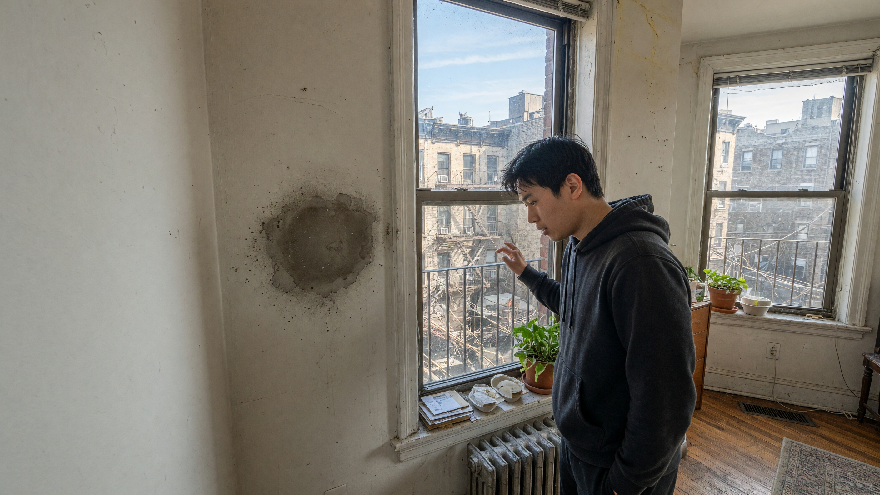 A young man looks at a small dark patch by a window.