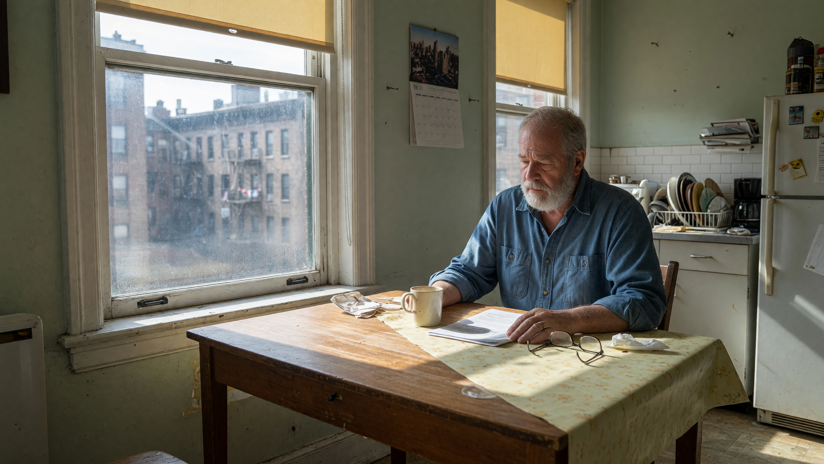 An older man sits with a paper face down.