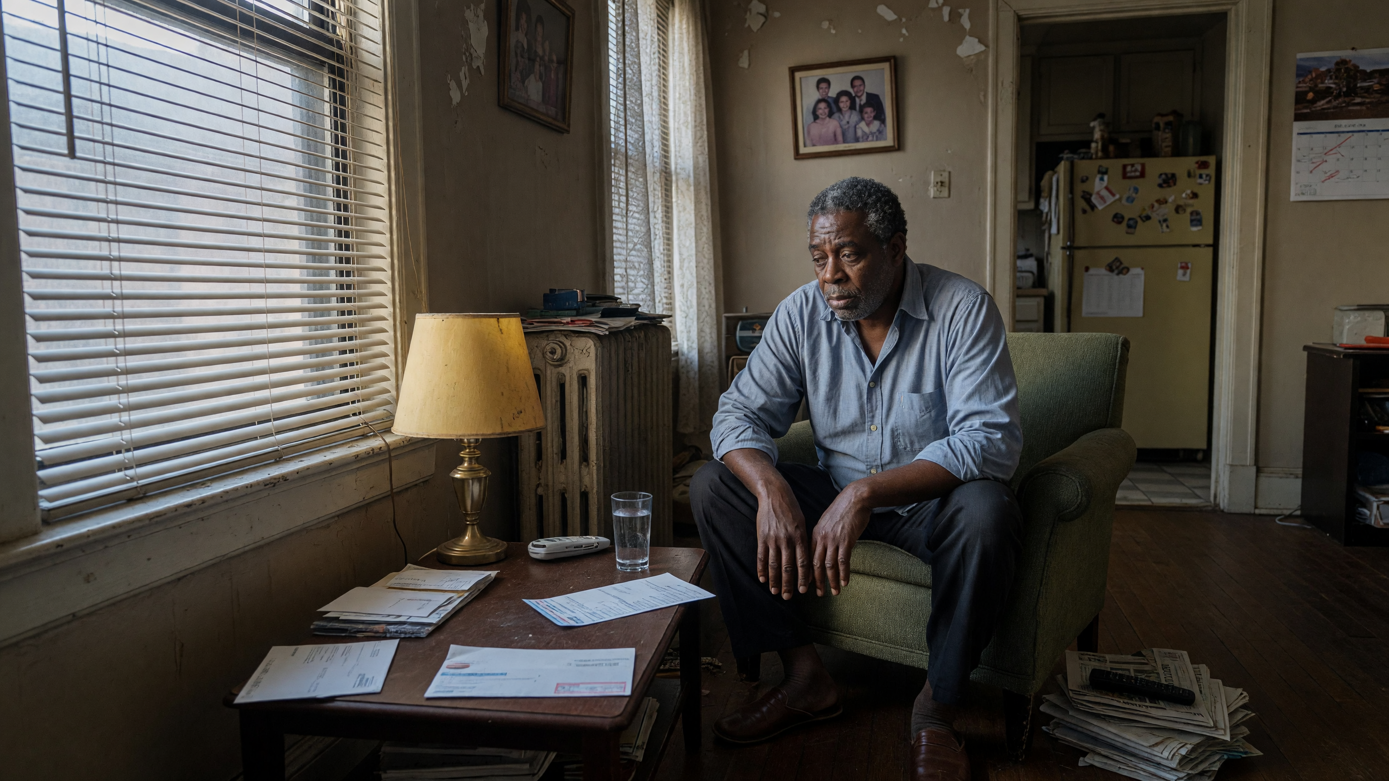 A man sits in a dim room with a bill face down.
